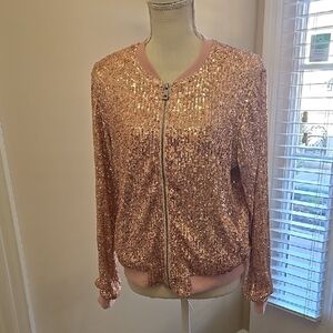 W.A Y. Wonderful & Young Sequin Bomber Jacket Rose Gold Full Zip MEDIUM LIKE NEW